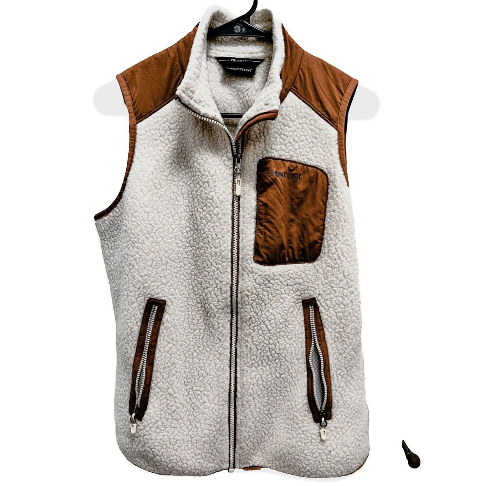 Marmot Polartec Sherpa Fleece Vest Off-White Brown Womens Size Small